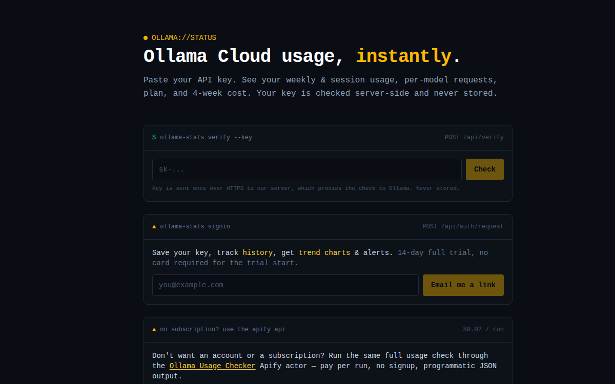 Ollama Stats homepage — usage status dashboard for Ollama Cloud API keys
