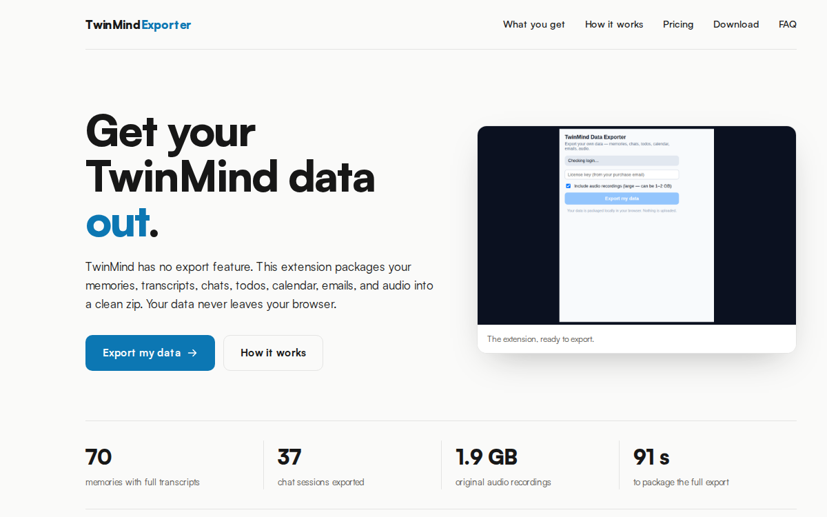 TwinMind Data Exporter homepage — export memories, transcripts, chats and audio to a local zip